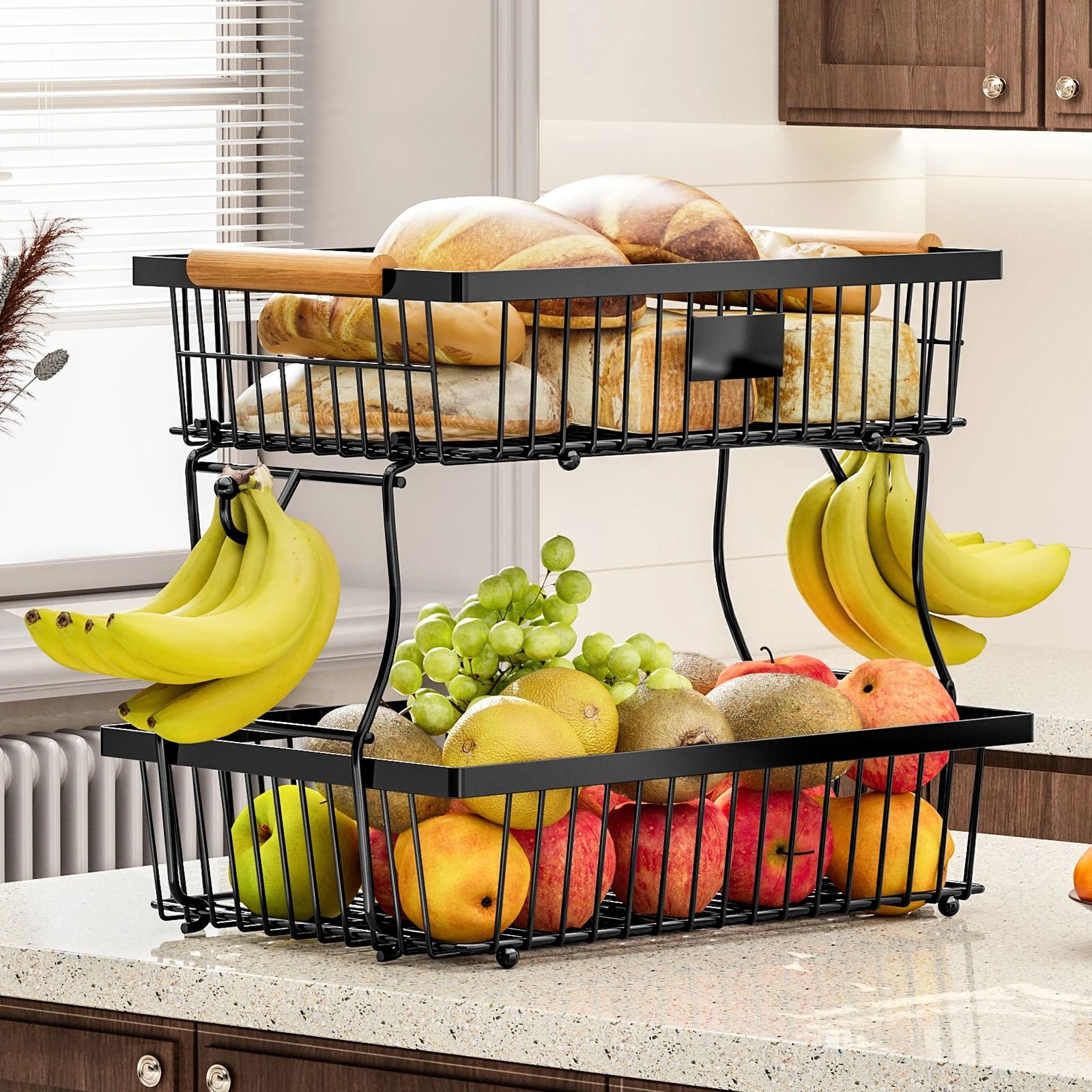 Metal Storage Basket With Wooden Handle And Hooks 1