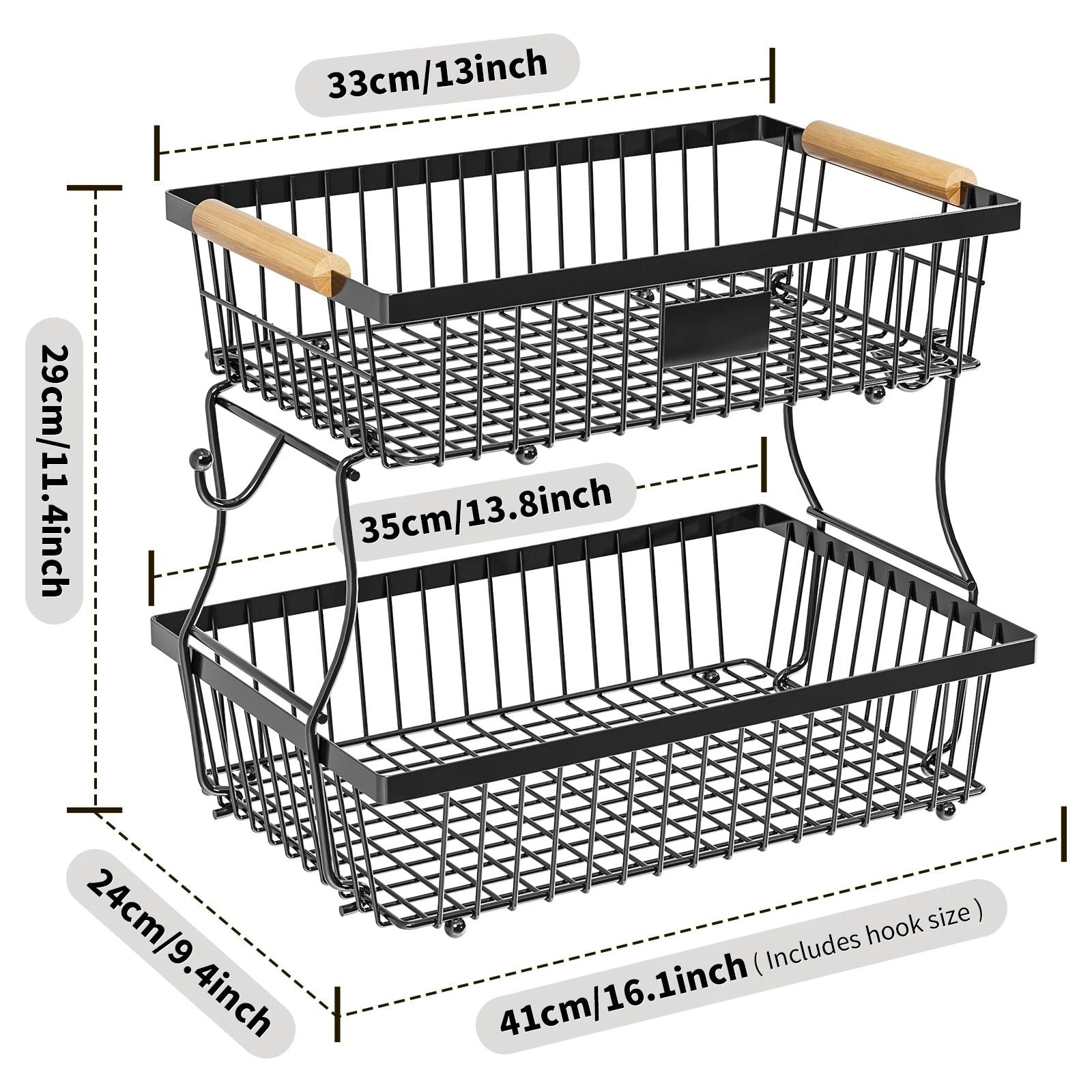 Metal Storage Basket With Wooden Handle And Hooks 2