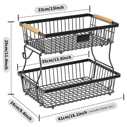 Metal Storage Basket With Wooden Handle And Hooks 2