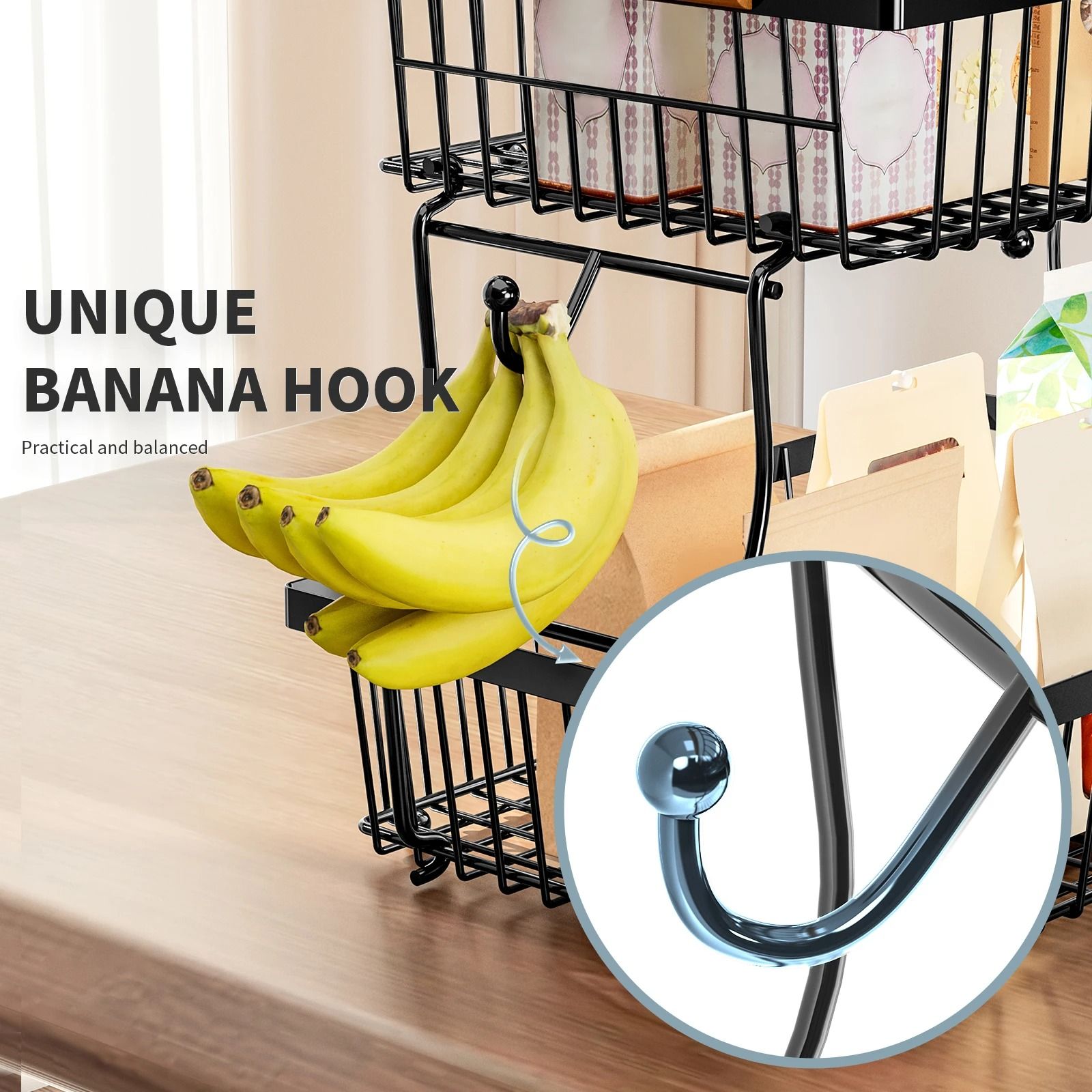 Metal Storage Basket With Wooden Handle And Hooks 3