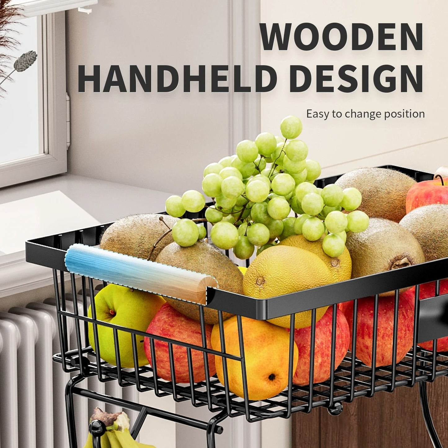Metal Storage Basket With Wooden Handle And Hooks 4
