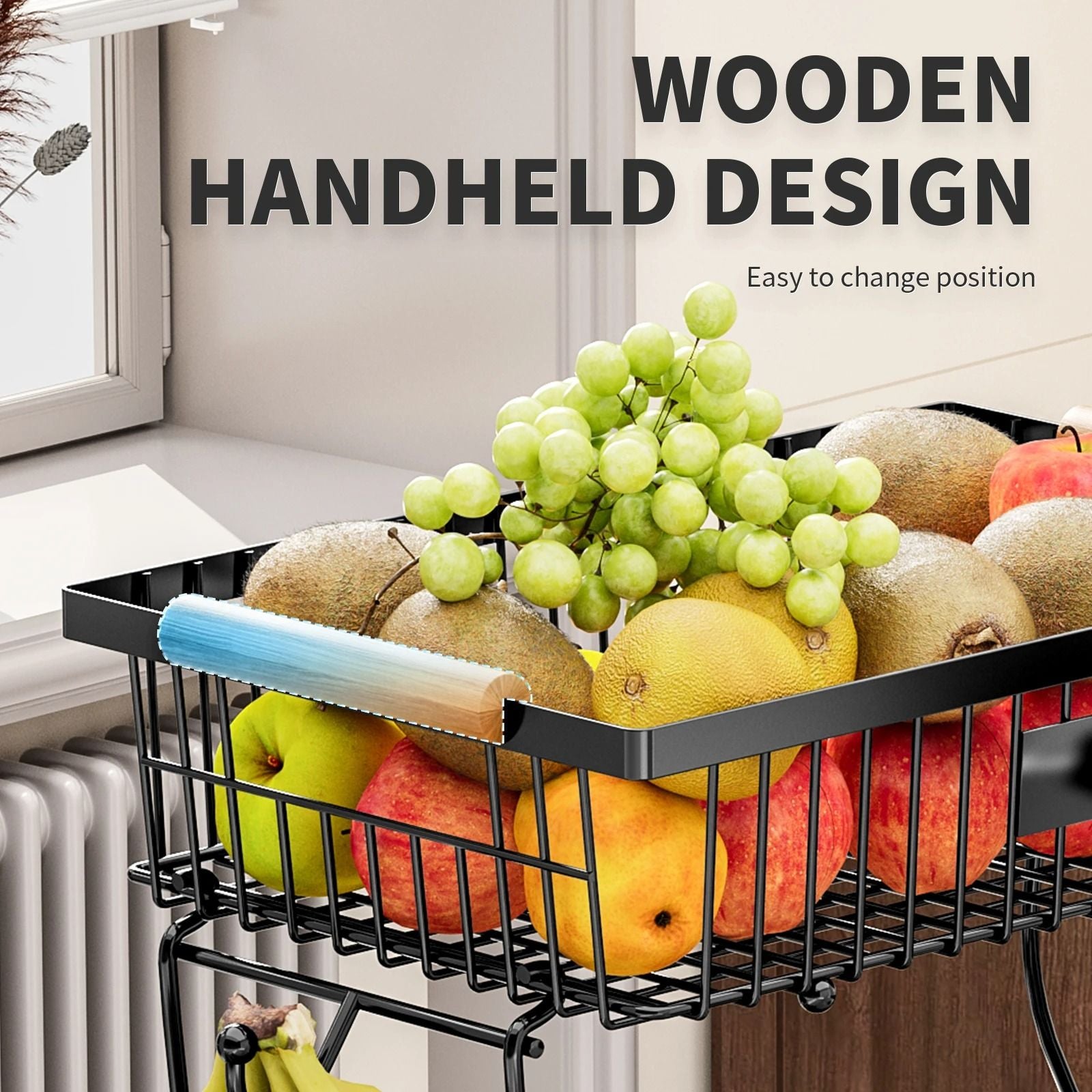 Metal Storage Basket With Wooden Handle And Hooks 4