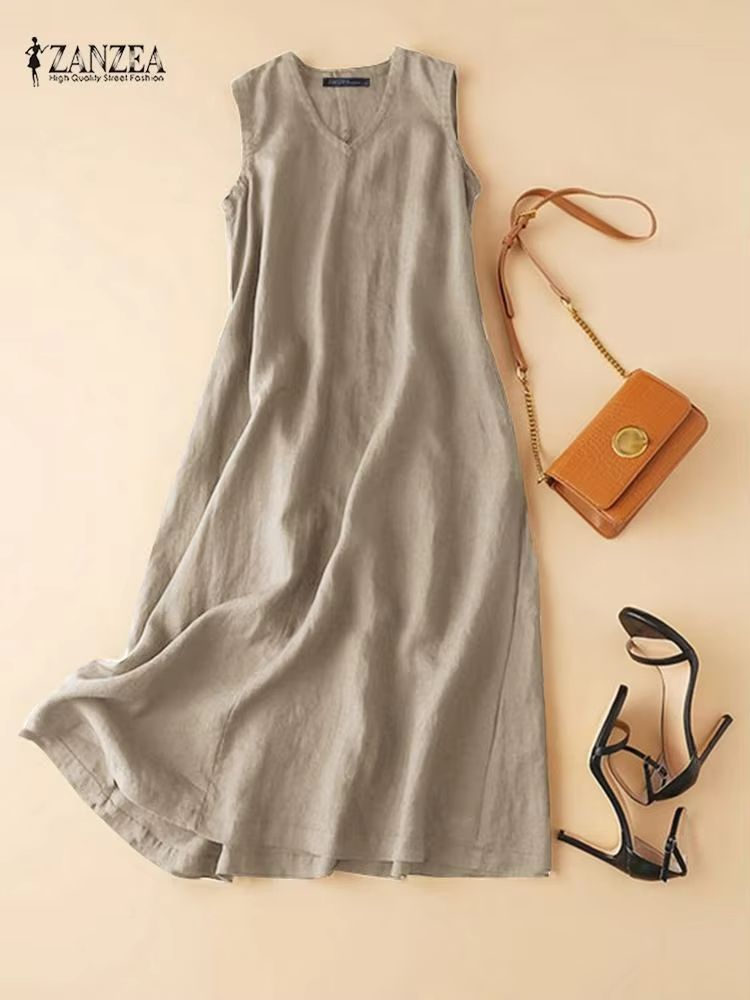 ZANZEA BreezeFlow Womens Summer Sleeveless Dress  VNeck Casual Loose Sundress With Vintage Charm 1