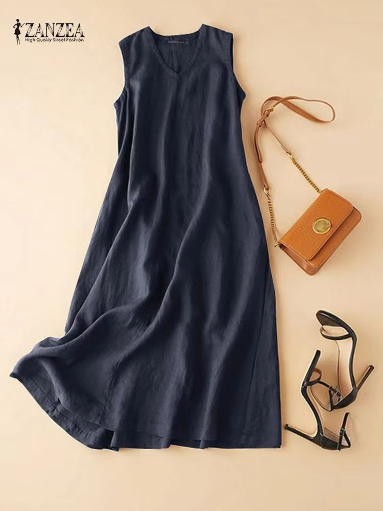 ZANZEA BreezeFlow Womens Summer Sleeveless Dress  VNeck Casual Loose Sundress With Vintage Charm 2