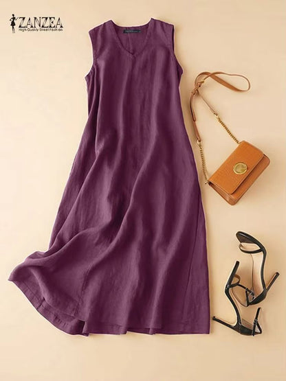 ZANZEA BreezeFlow Womens Summer Sleeveless Dress  VNeck Casual Loose Sundress With Vintage Charm 3
