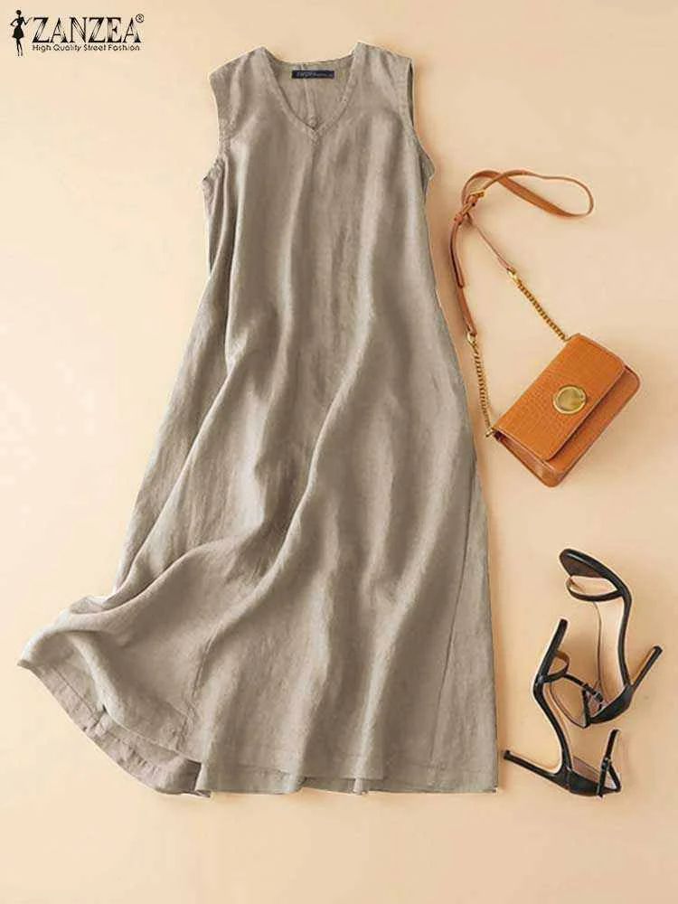 ZANZEA BreezeFlow Womens Summer Sleeveless Dress  VNeck Casual Loose Sundress With Vintage Charm 5