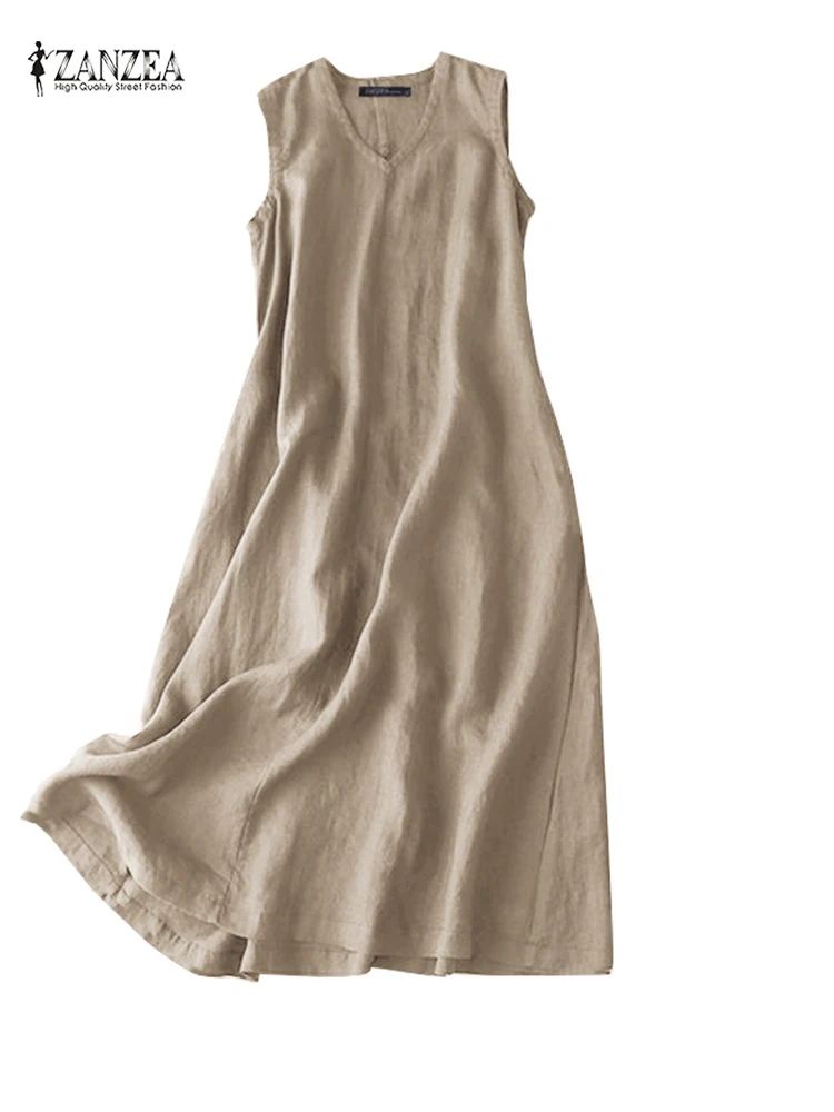 ZANZEA BreezeFlow Womens Summer Sleeveless Dress  VNeck Casual Loose Sundress With Vintage Charm 6