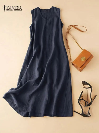 ZANZEA BreezeFlow Womens Summer Sleeveless Dress  VNeck Casual Loose Sundress With Vintage Charm 7