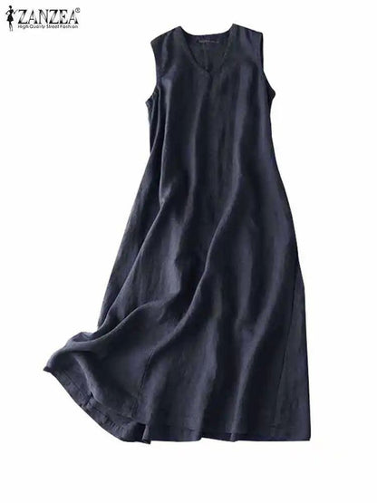 ZANZEA BreezeFlow Womens Summer Sleeveless Dress  VNeck Casual Loose Sundress With Vintage Charm 8