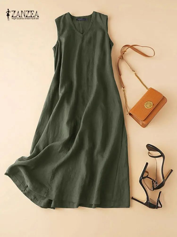 ZANZEA BreezeFlow Womens Summer Sleeveless Dress  VNeck Casual Loose Sundress With Vintage Charm 15