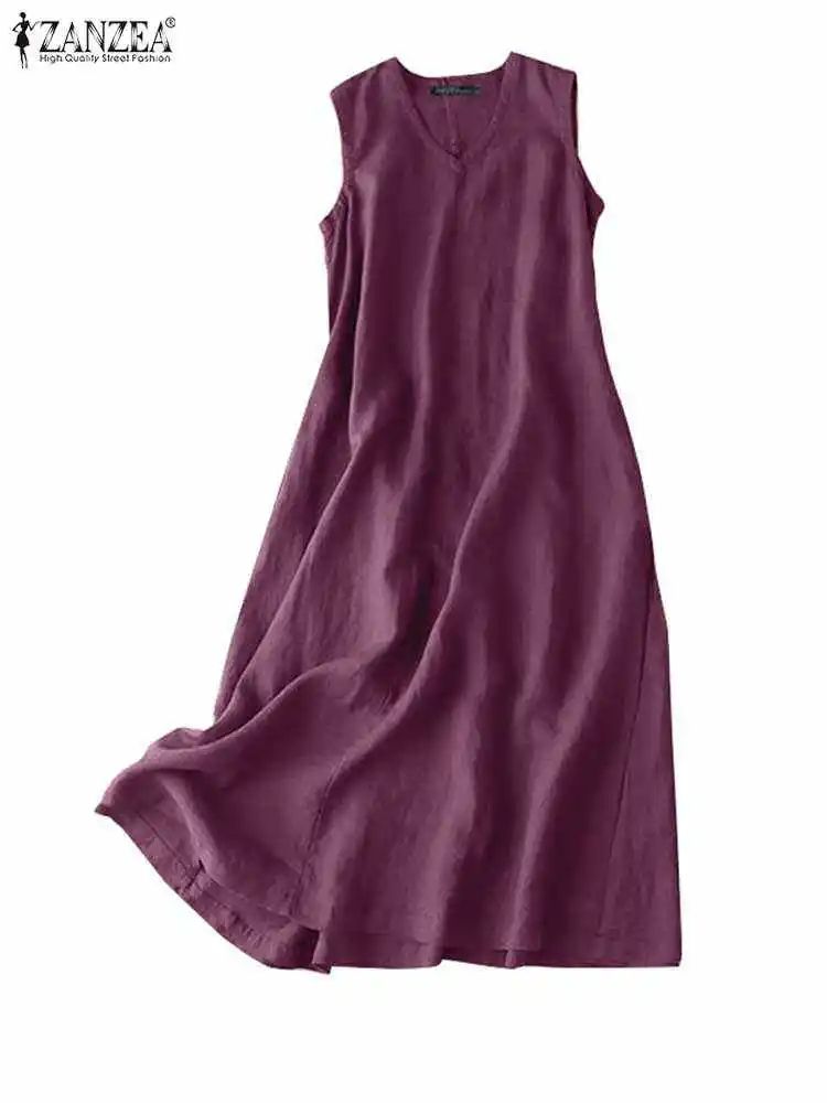 ZANZEA BreezeFlow Womens Summer Sleeveless Dress  VNeck Casual Loose Sundress With Vintage Charm 10