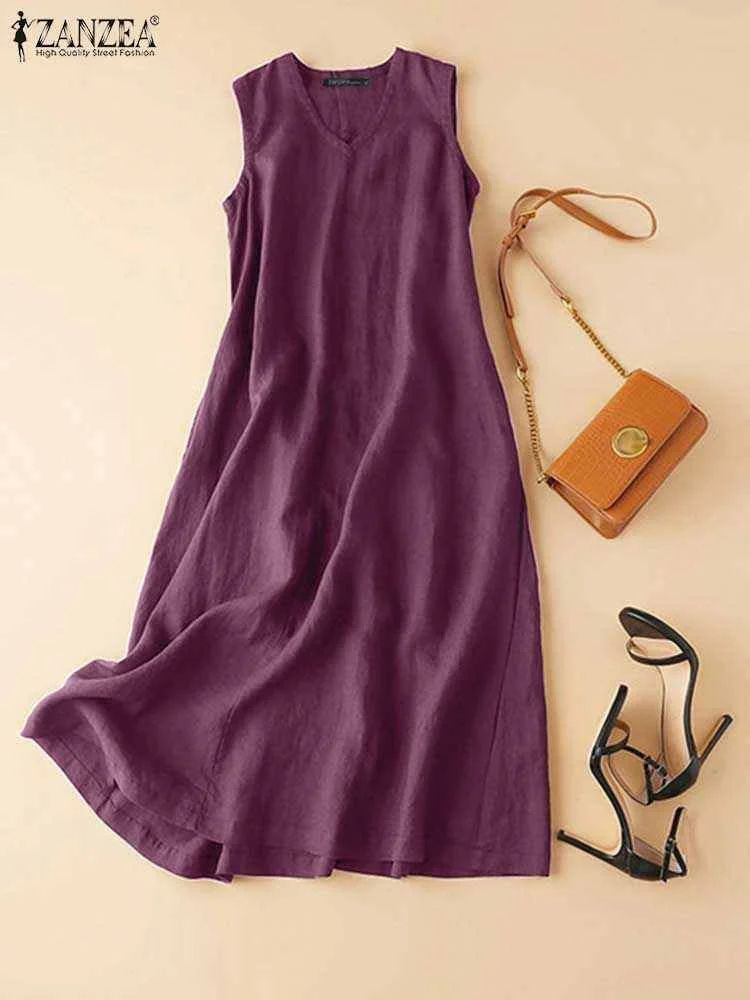 ZANZEA BreezeFlow Womens Summer Sleeveless Dress  VNeck Casual Loose Sundress With Vintage Charm 16