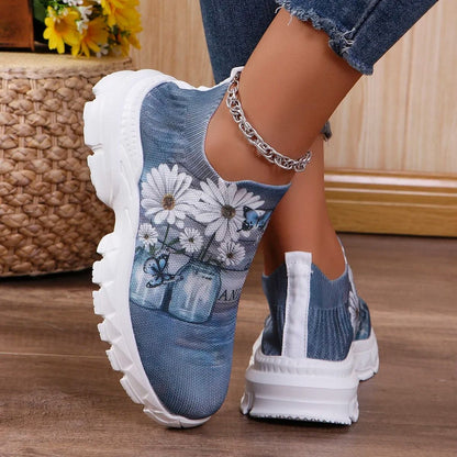 Floral Print Platform Sneakers Women Breathable Non Slip Running Shoes 2