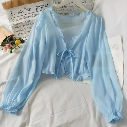 GraceLight Womens Lace Cardigan Blouse  Lightweight Ruffle Long Sleeve Sun Protection Cover Up 7