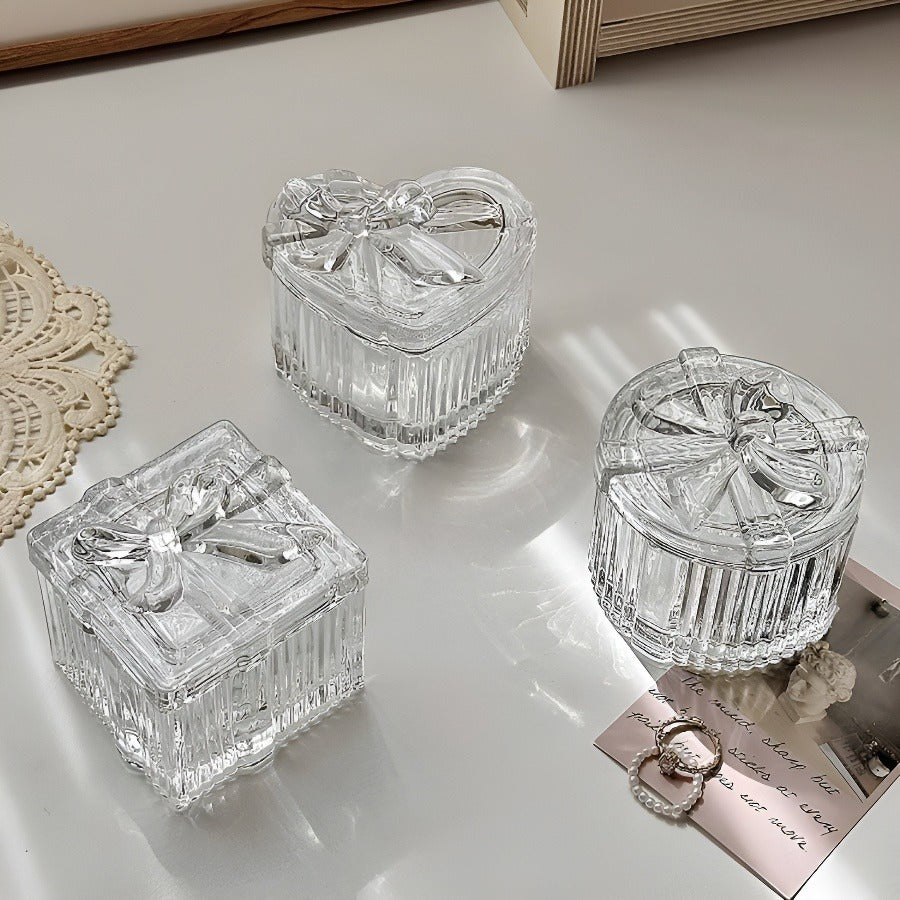 Bowknot Crystal Glass Jewelry Storage Box, Transparent Exquisite Organizer Multifunctional Home Decor for Dressing Table