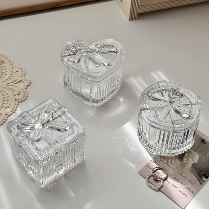 Bowknot Crystal Glass Jewelry Storage Box, Transparent Exquisite Organizer Multifunctional Home Decor for Dressing Table