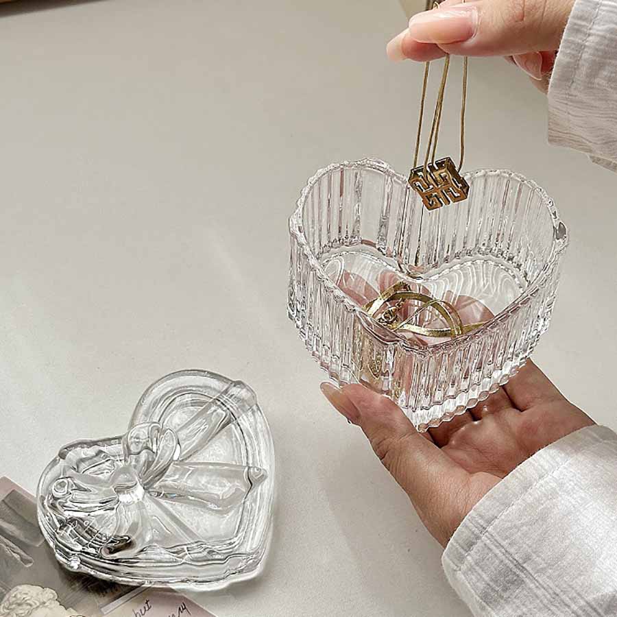 Bowknot Crystal Glass Jewelry Storage Box, Transparent Exquisite Organizer Multifunctional Home Decor for Dressing Table