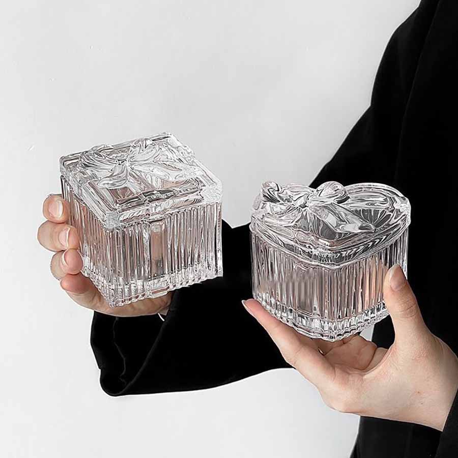 Bowknot Crystal Glass Jewelry Storage Box, Transparent Exquisite Organizer Multifunctional Home Decor for Dressing Table
