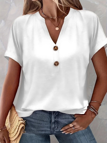 Chic Plus Size Short Sleeve Buttoned V Neck Casual T Shirt Lightweight Summer Top For Women 5