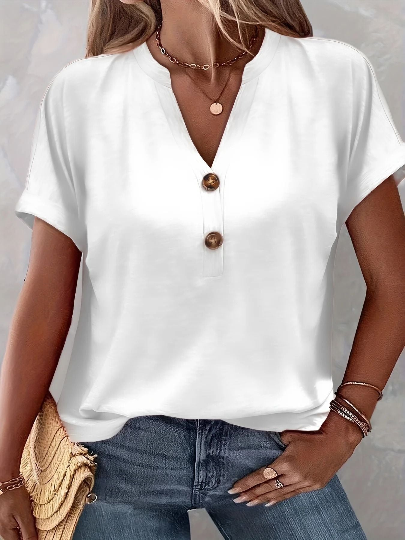 Chic Plus Size Short Sleeve Buttoned V Neck Casual T Shirt Lightweight Summer Top For Women 7