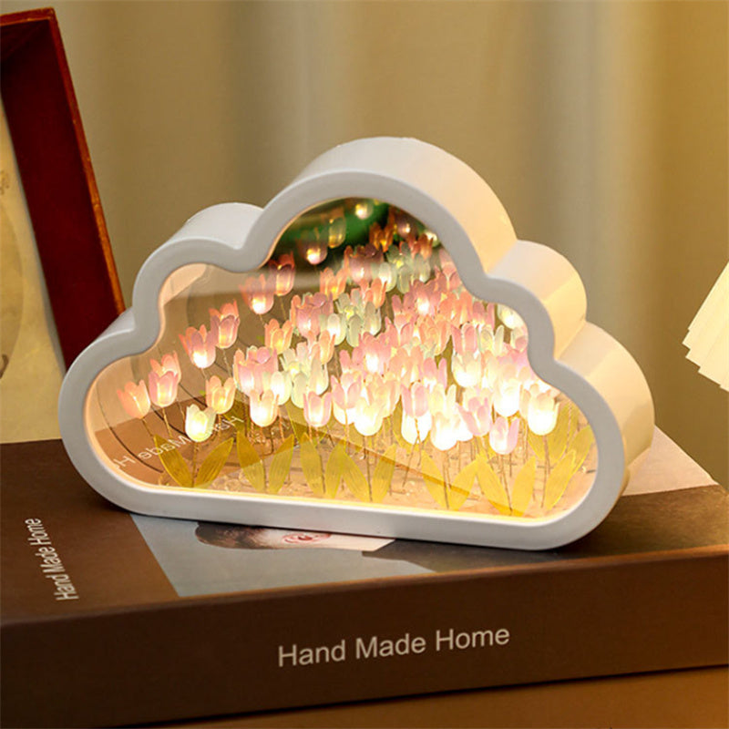 LED Night Light Mirror Table Lamps, Handmade DIY Clouds Tulip Lamps, Bedroom Ornaments Decoration Flower Sea Lamp