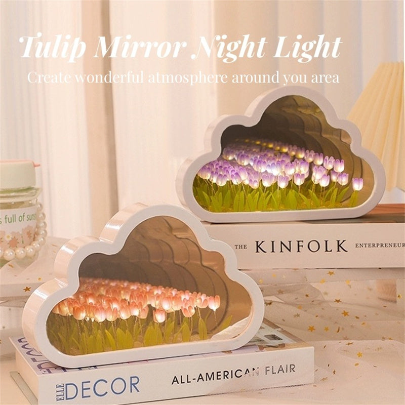 LED Night Light Mirror Table Lamps, Handmade DIY Clouds Tulip Lamps, Bedroom Ornaments Decoration Flower Sea Lamp