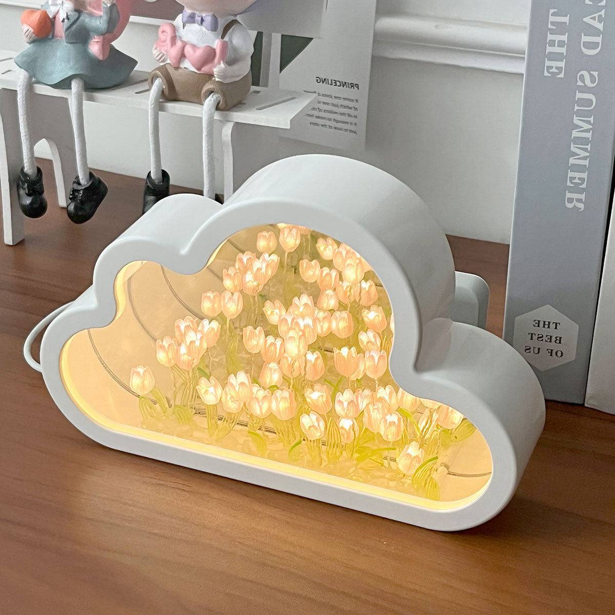 LED Night Light Mirror Table Lamps, Handmade DIY Clouds Tulip Lamps, Bedroom Ornaments Decoration Flower Sea Lamp