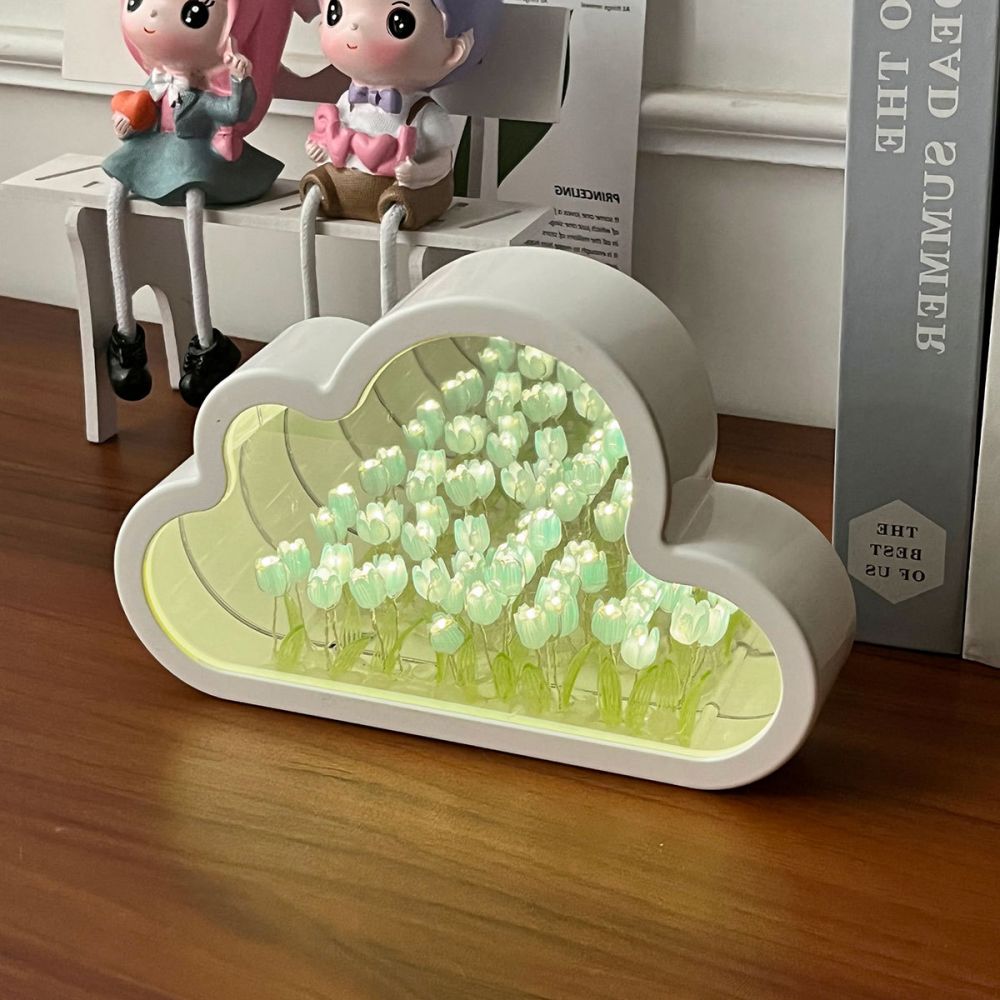 LED Night Light Mirror Table Lamps, Handmade DIY Clouds Tulip Lamps, Bedroom Ornaments Decoration Flower Sea Lamp