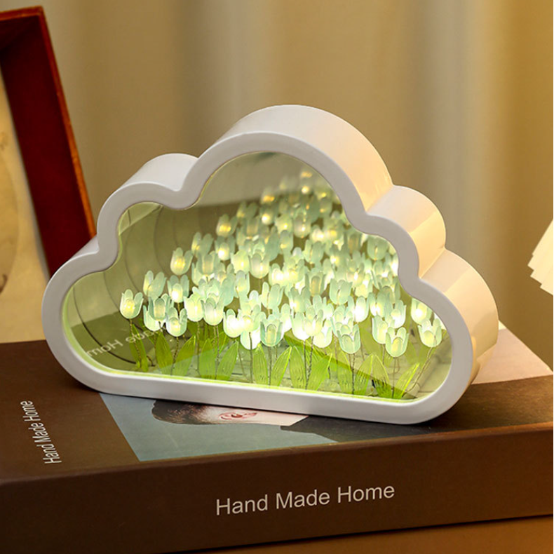 LED Night Light Mirror Table Lamps, Handmade DIY Clouds Tulip Lamps, Bedroom Ornaments Decoration Flower Sea Lamp