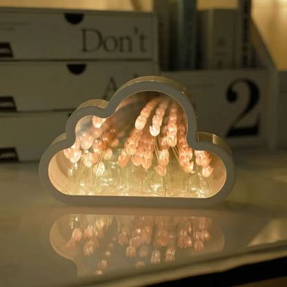 LED Night Light Mirror Table Lamps, Handmade DIY Clouds Tulip Lamps, Bedroom Ornaments Decoration Flower Sea Lamp