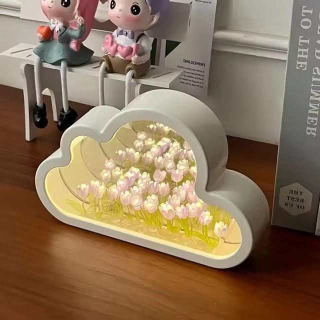 LED Night Light Mirror Table Lamps, Handmade DIY Clouds Tulip Lamps, Bedroom Ornaments Decoration Flower Sea Lamp