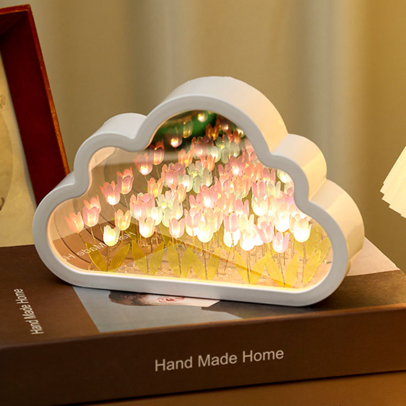 LED Night Light Mirror Table Lamps, Handmade DIY Clouds Tulip Lamps, Bedroom Ornaments Decoration Flower Sea Lamp