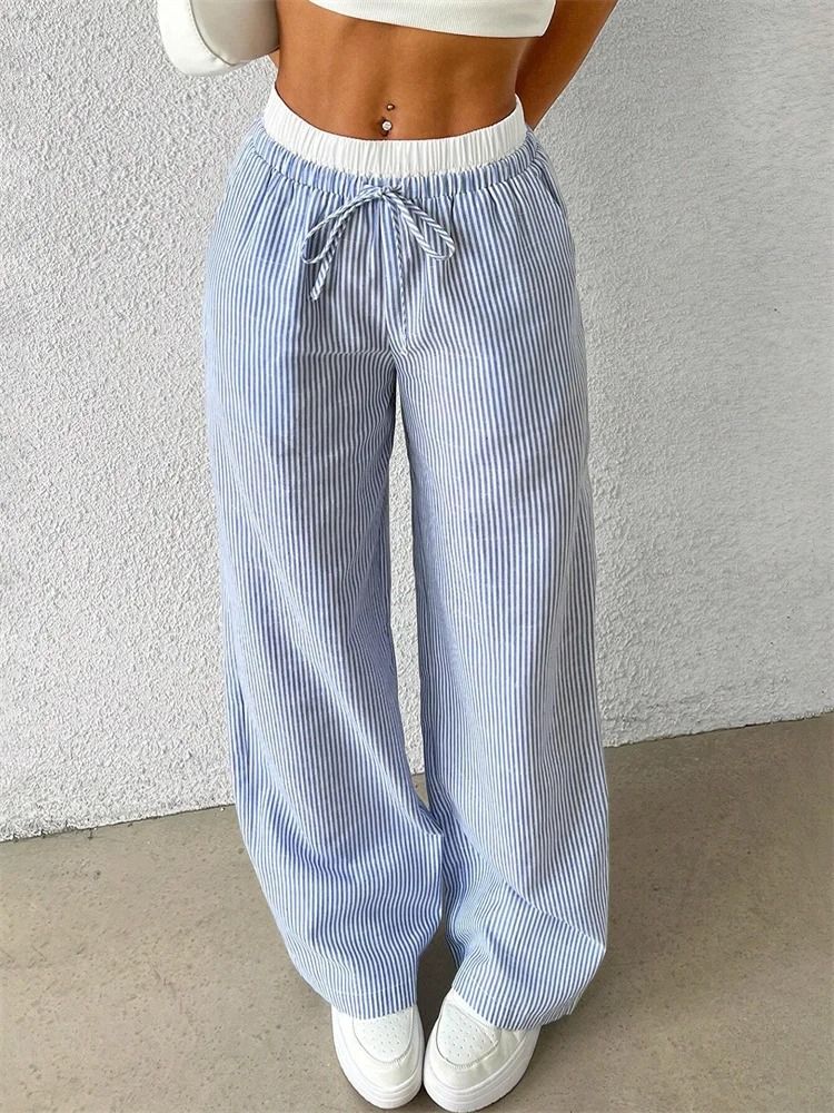 Women Casual Striped Woven Wide Leg Pants Full Length Trousers