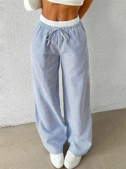 Women Casual Striped Woven Wide Leg Pants Full Length Trousers