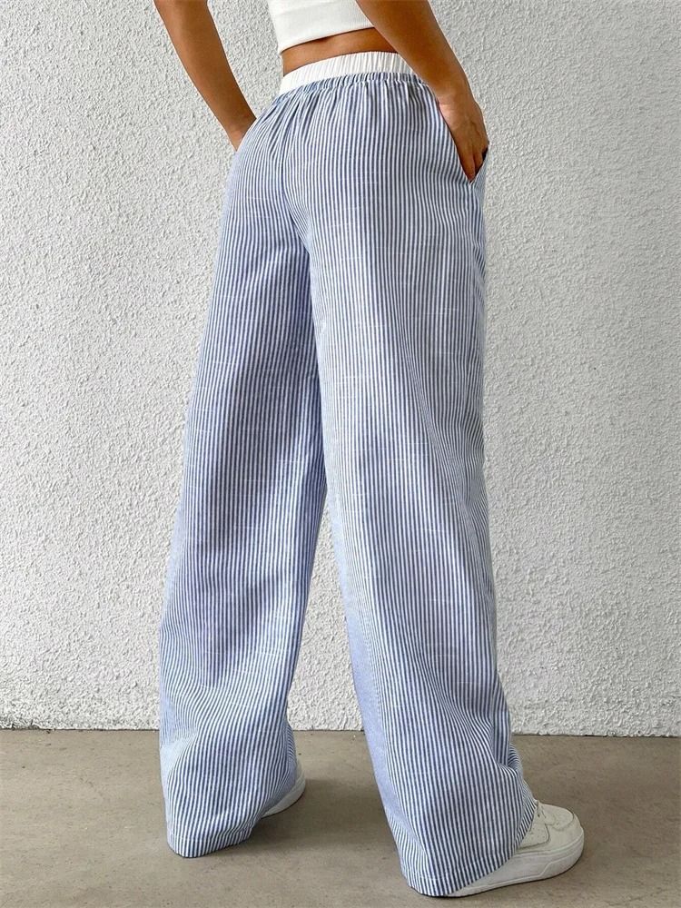 Women Casual Striped Woven Wide Leg Pants Full Length Trousers 1