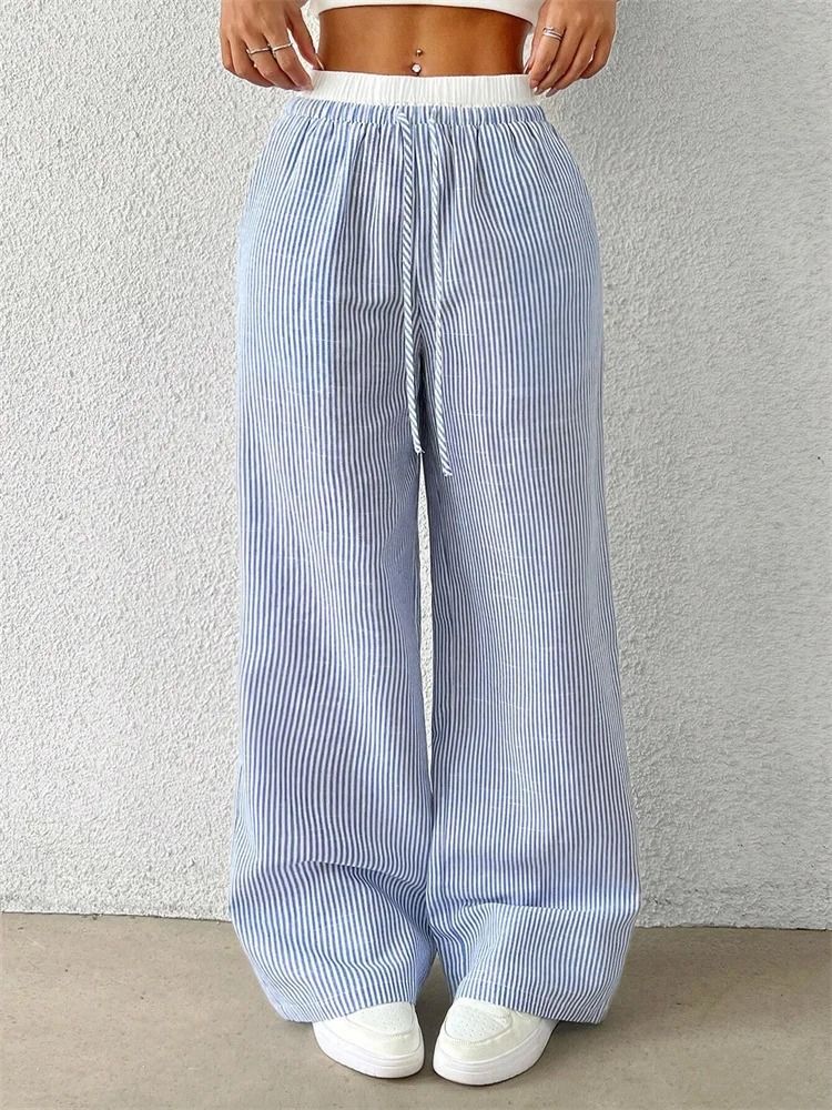 Women Casual Striped Woven Wide Leg Pants Full Length Trousers 2