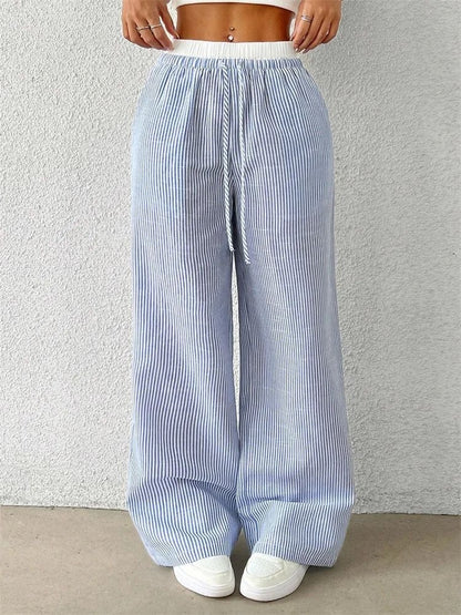 Women Casual Striped Woven Wide Leg Pants Full Length Trousers 2