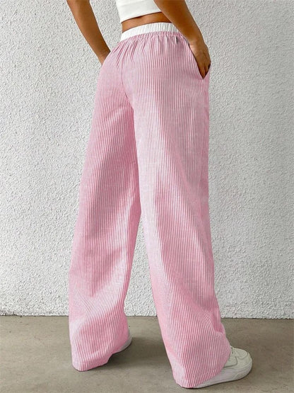 Women Casual Striped Woven Wide Leg Pants Full Length Trousers 4