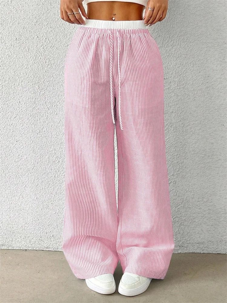 Women Casual Striped Woven Wide Leg Pants Full Length Trousers 5