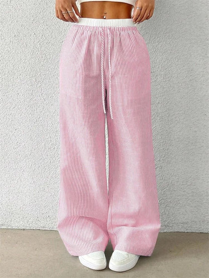 Women Casual Striped Woven Wide Leg Pants Full Length Trousers 5