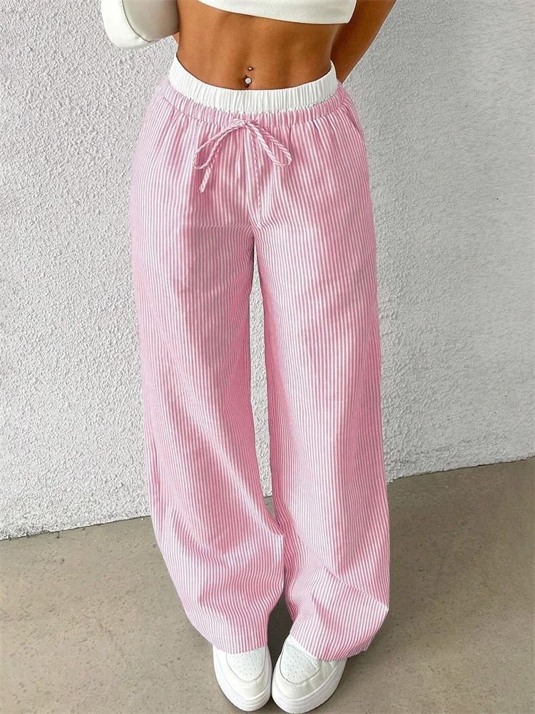 Women Casual Striped Woven Wide Leg Pants Full Length Trousers 6