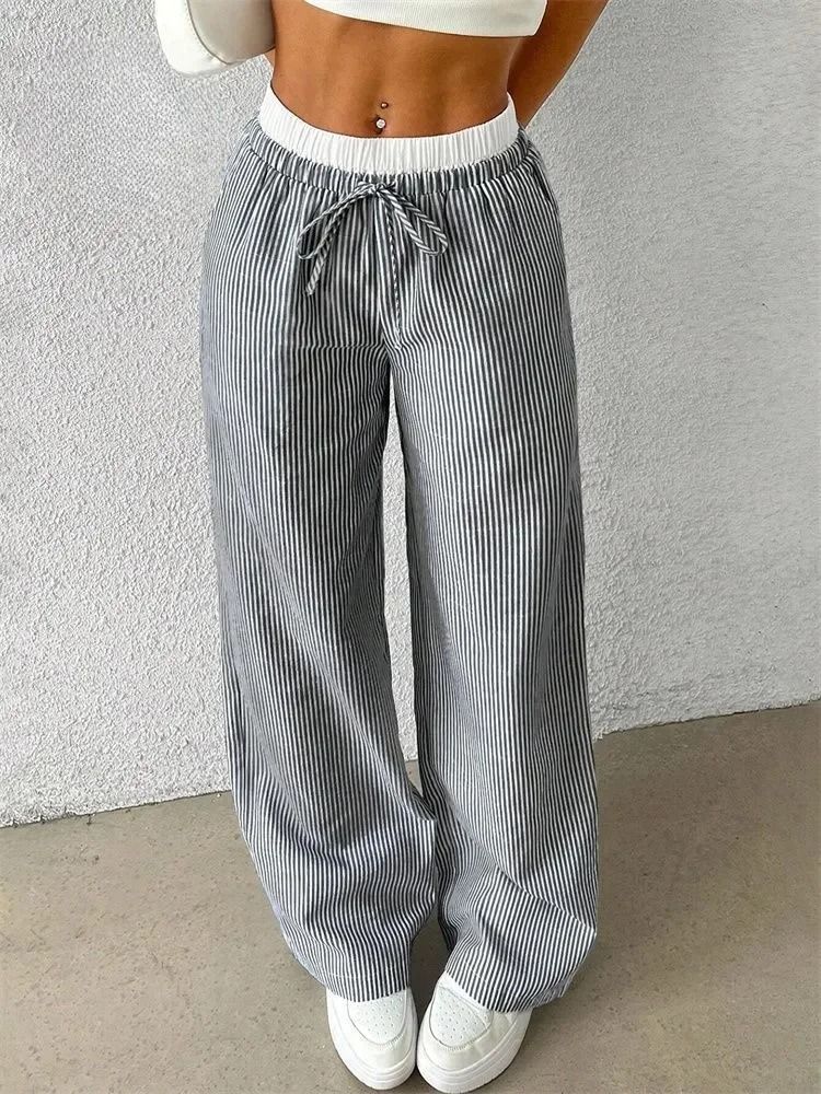 Women Casual Striped Woven Wide Leg Pants Full Length Trousers 7