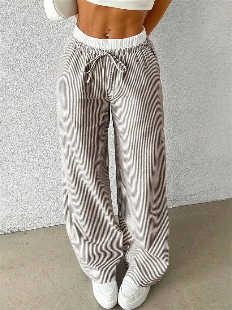 Women Casual Striped Woven Wide Leg Pants Full Length Trousers 9