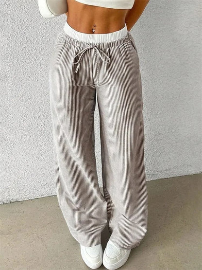 Women Casual Striped Woven Wide Leg Pants Full Length Trousers 9