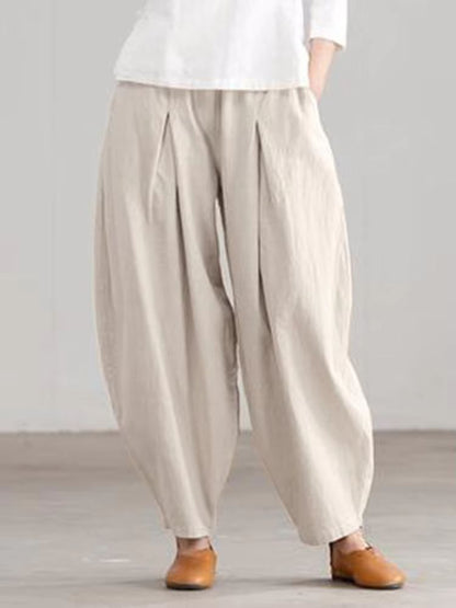 Women Summer Cotton Wide Leg Pants Elastic Waist Loose Casual Trousers