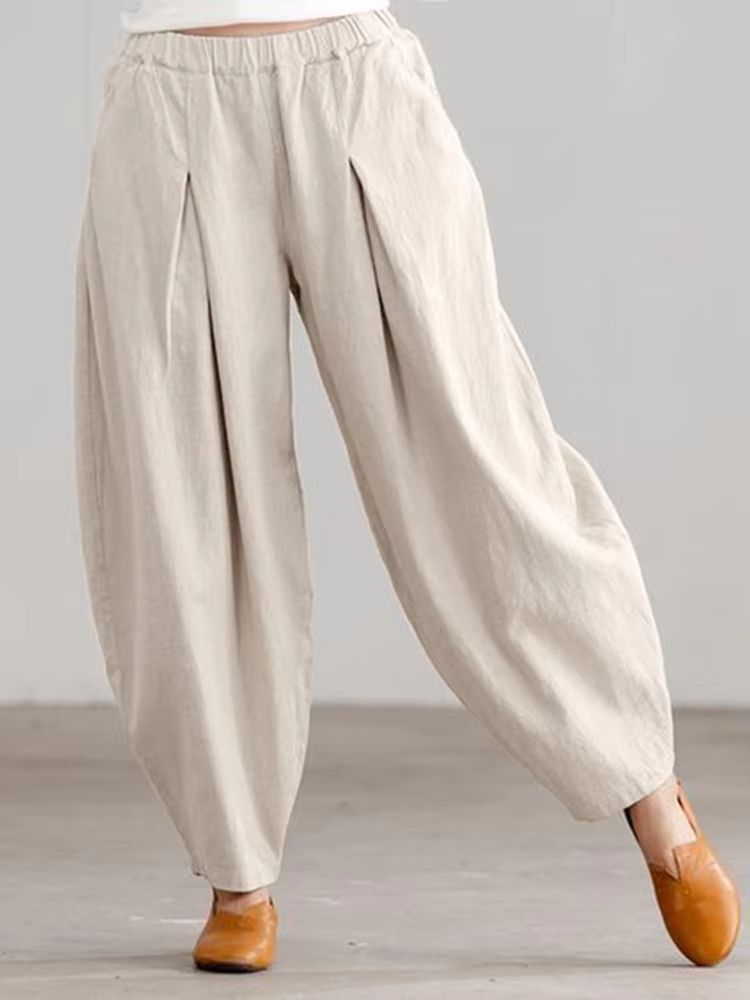 Women Summer Cotton Wide Leg Pants Elastic Waist Loose Casual Trousers 1