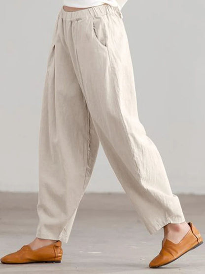 Women Summer Cotton Wide Leg Pants Elastic Waist Loose Casual Trousers 7