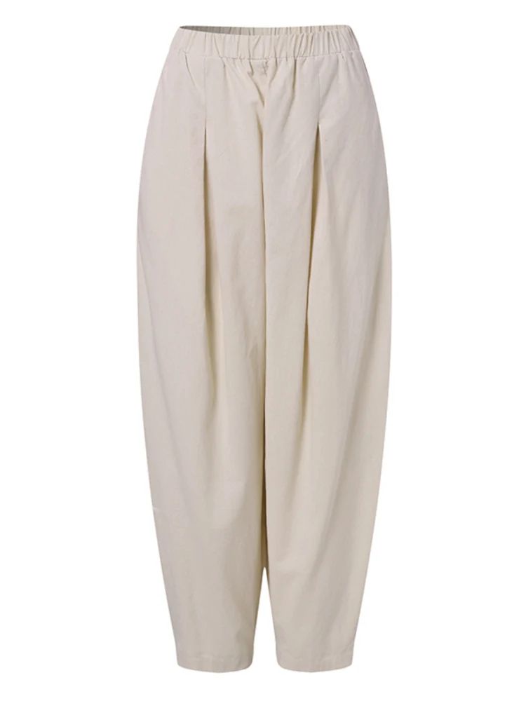 Women Summer Cotton Wide Leg Pants Elastic Waist Loose Casual Trousers 8