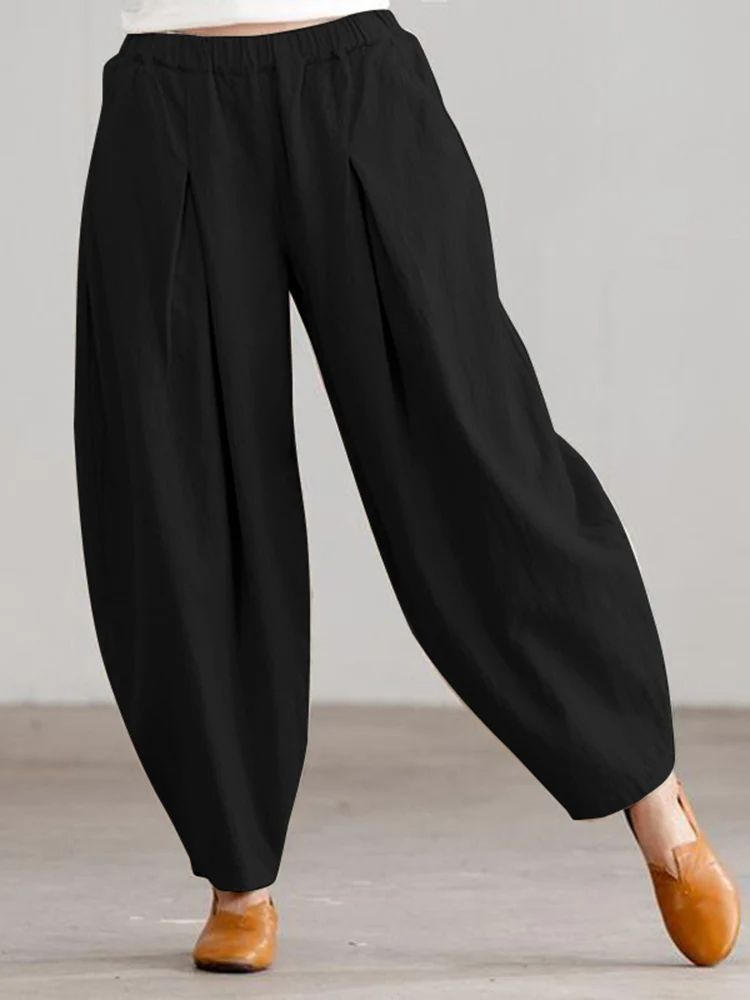 Women Summer Cotton Wide Leg Pants Elastic Waist Loose Casual Trousers 11