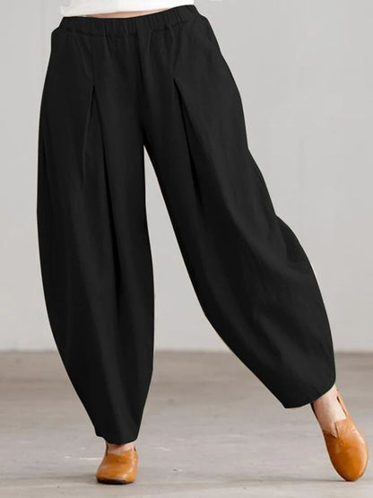 Women Summer Cotton Wide Leg Pants Elastic Waist Loose Casual Trousers 11